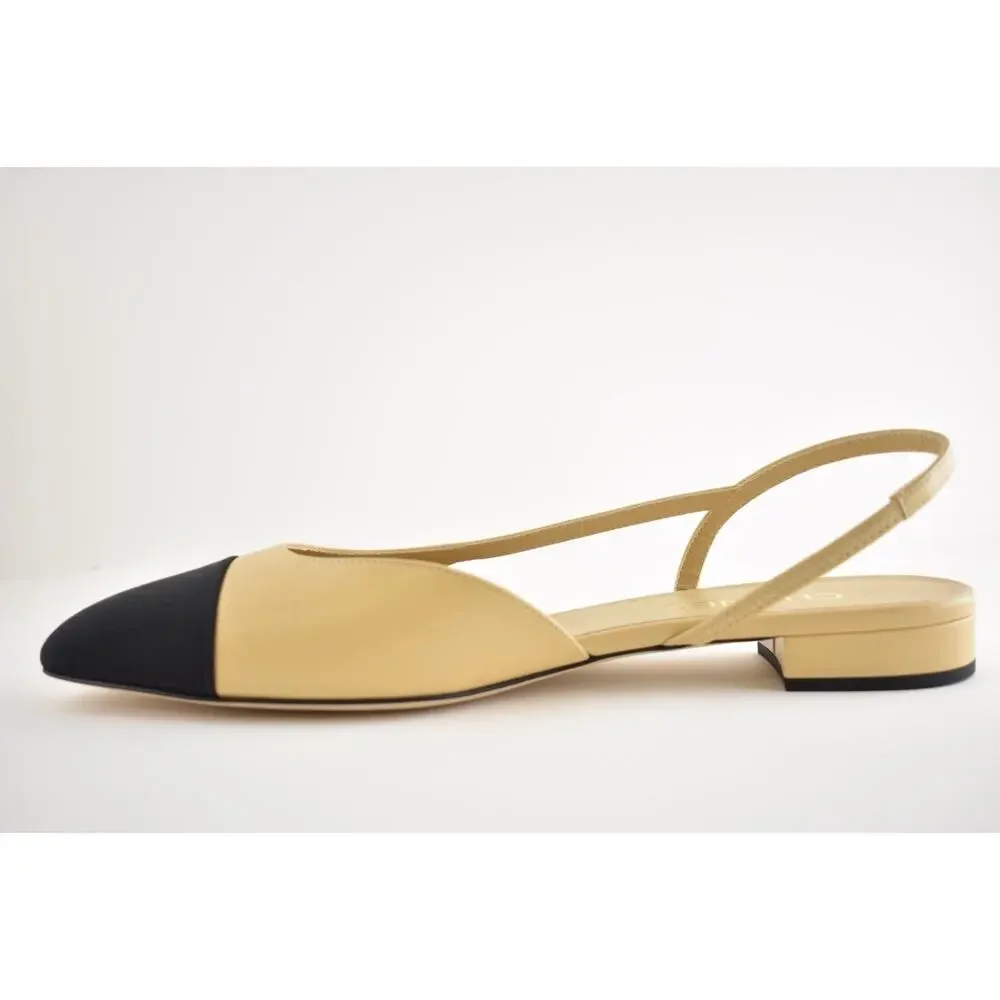Chanel REV Beige Leather Black Cap CC Logo Coco Sling Slingback Ballet Flat 42.5